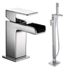 Noveua Kennington Mini Mono Basin Mixer with Click Clack Waste & Freestanding Bath Shower Mixer Tap Set