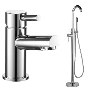 Noveua Clapham Mini Mono Basin Mixer with Click Clack Waste & Freestanding Bath Shower Mixer Tap Set